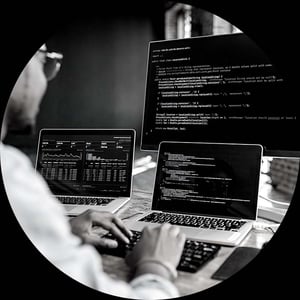 Round - person with multiple screens Round - person with multiple screens